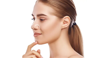 Side view of attractive young woman with perfect skin and dotted lines on her nose stock image
